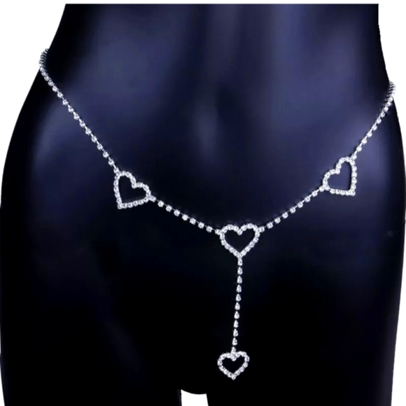 Retro Waistband-Rhinestone Crystal Heart Body Chain Belt Accessory Silver NWT - Picture 1 of 6
